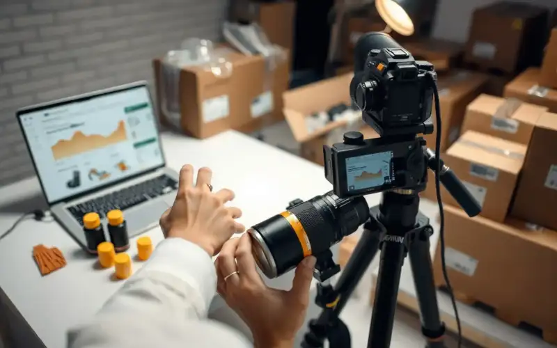 Hände arrangieren Produkte auf weißem Tisch für rechtssicheren Online-Verkauf 2026
