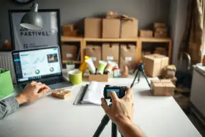 Hände arrangieren Produkte auf weißem Tisch – Shopify vs. WooCommerce im Vergleich für Online-Händler 2026