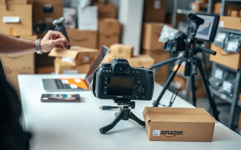 Hände arrangieren Produkte auf weißem Tisch – Vorbereitung für den Amazon-Verkauf 2026