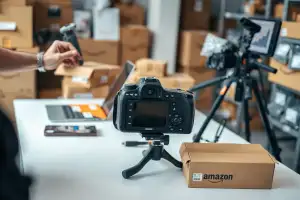 Hände arrangieren Produkte auf weißem Tisch – Vorbereitung für den Amazon-Verkauf 2026