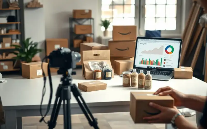 Hände arrangieren Produkte auf weißem Tisch mit Laptop und Amazon-Dashboard für SEO-Optimierung 2026