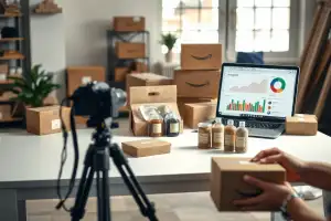 Hände arrangieren Produkte auf weißem Tisch mit Laptop und Amazon-Dashboard für SEO-Optimierung 2026